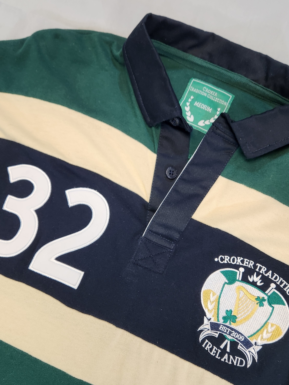 Croker Rugby Shirt Mens Medium Ireland Green Stripe Long Sleeve Crest 32
